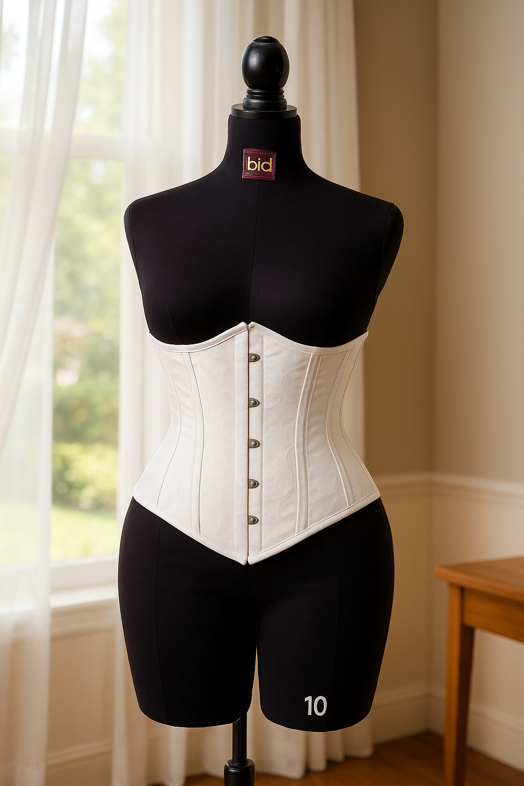 Black open-thigh corset dummy displaying a white corset